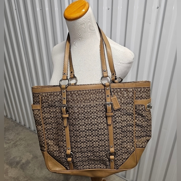 Authentic COACH SIG C JACQUARD & LEATHER HANDBAG TOTE BAG - Picture 10 of 13